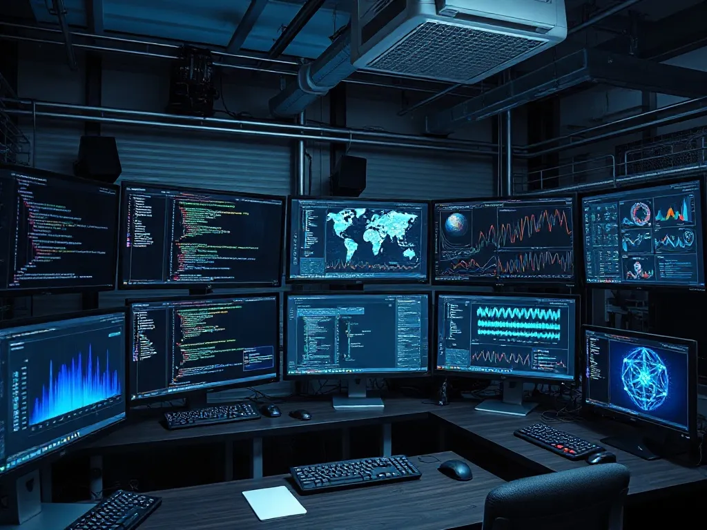 A high-tech workspace with multiple monitors showing code, d
