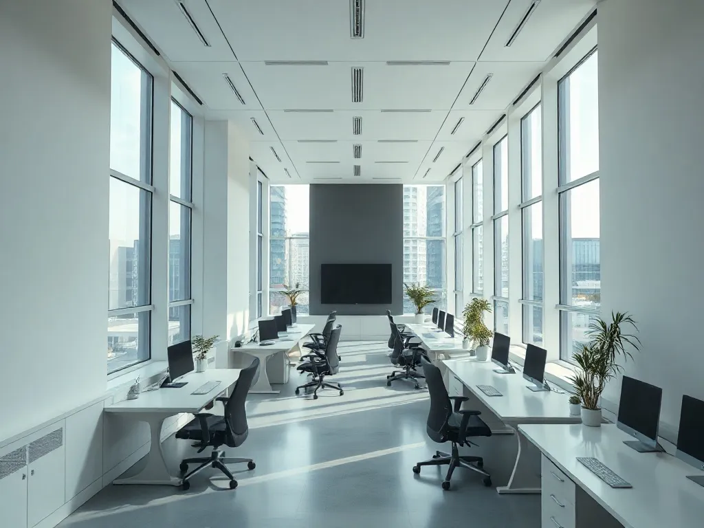 Minimalist modern futuristic clean office workspace with lar